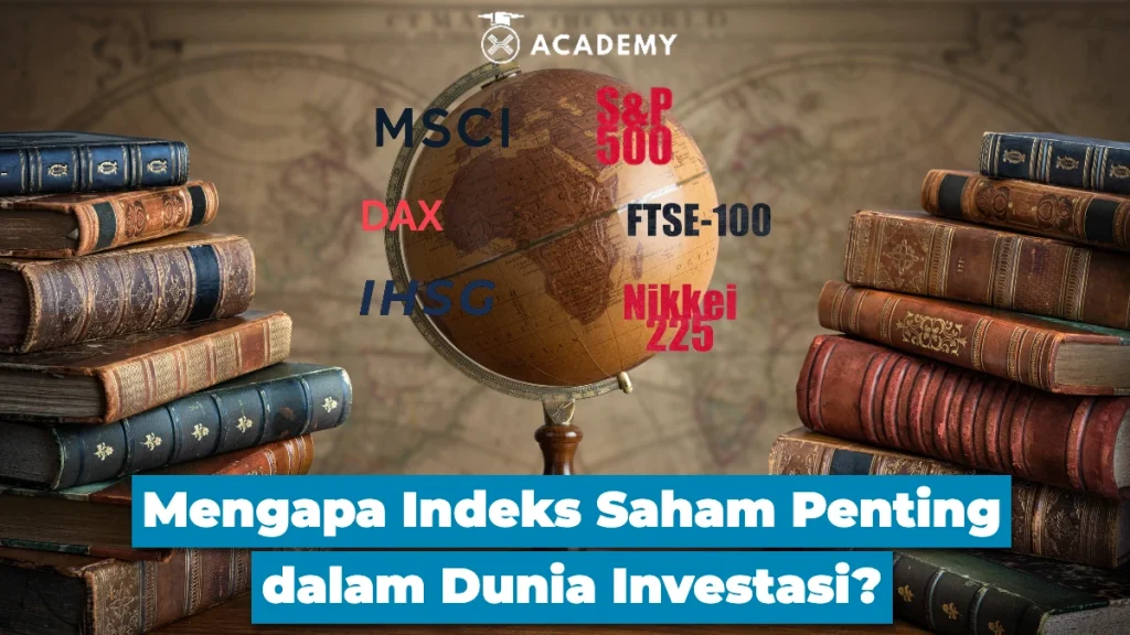 Ilustrasi globe dunia di antara tumpukan buku-buku tua, dengan nama-nama investasi indeks saham global seperti S&P 500, Nikkei 225, FTSE-100, MSCI, DAX, IHSG ditampilkan, serta teks "Mengapa Indeks Saham Penting dalam Dunia Investasi?" di bagian bawah.