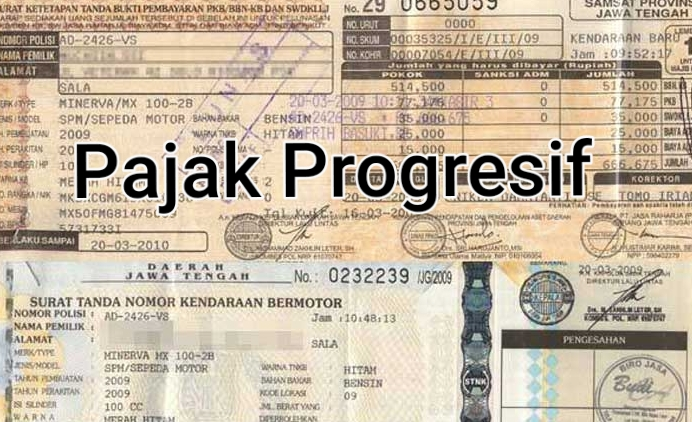 Gambar STNK dan bukti pembayaran pajak kendaraan bermotor dengan tulisan 'Pajak Progresif' di bagian tengah